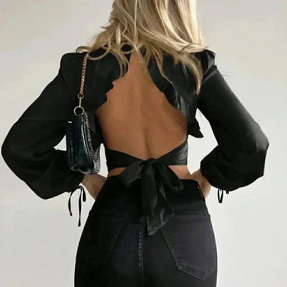 Black Sexy Women's Lantern Sleeve Backless Blouse - Picture 2 of 5